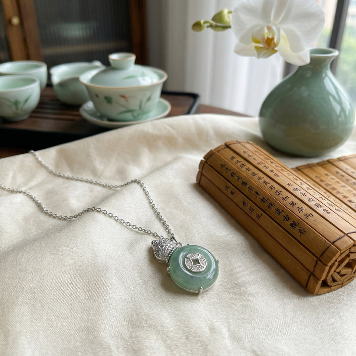 925 Sterling Silver Elegant Jadeite Calabash & Coin Pendant Necklace with Diamond Accents