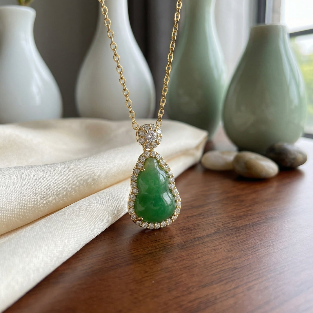 ✨ 925 Sterling Silver Elegant Green Jadeite Hulu Gourd Pendant Necklace with Diamond Halo ✨
