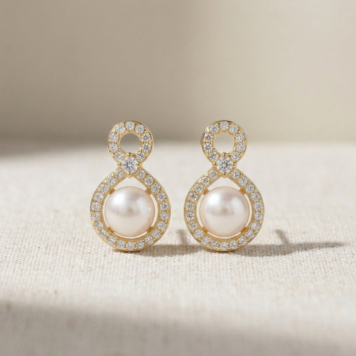 ✨ 925 Sterling Silver Pearl & Diamond Infinity Figure-Eight Stud Earrings ✨