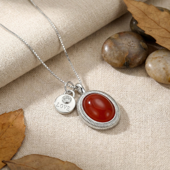 925 Sterling Silver Silver Necklace with Oval Red Gemstone and "LOVE" Engraved Disc Pendant