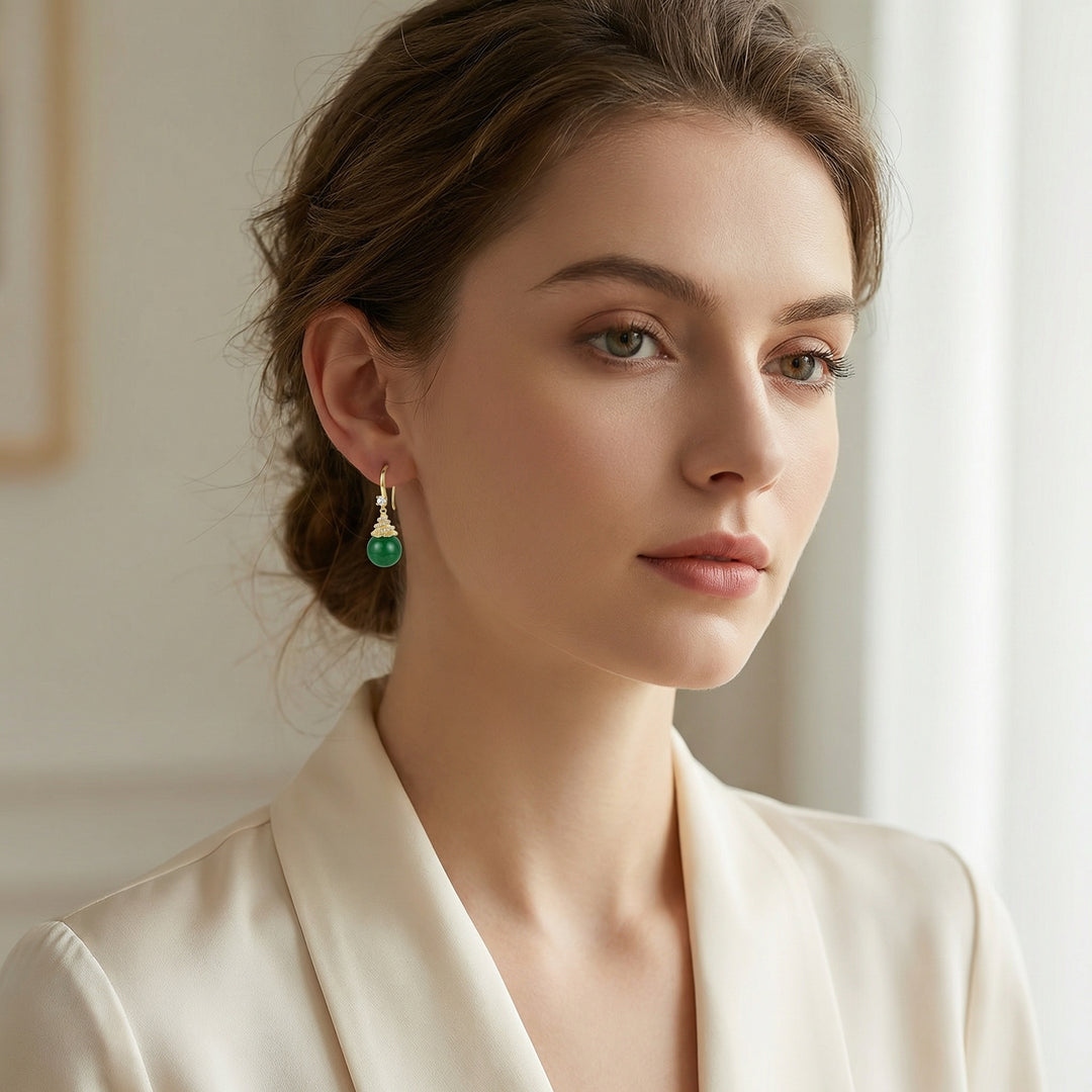 925 Sterling Silver Green Gemstone Drop Earrings with Crystal-Accented Decorative Caps