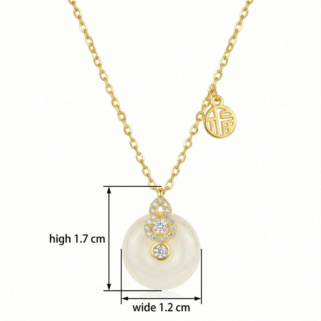 925 Sterling Silver White Stone Gourd Necklace – Auspicious Pendant with Fortune Coin Detail
