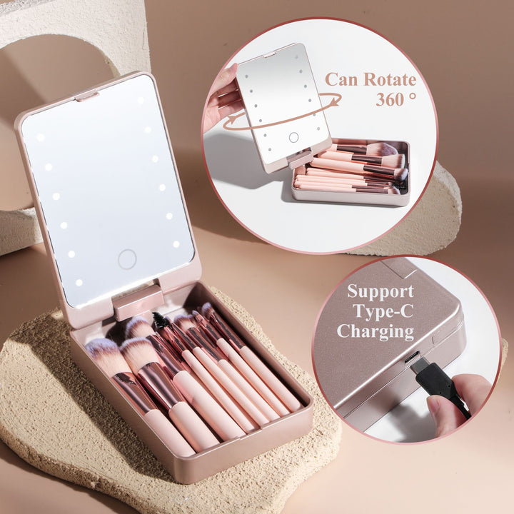 ✨ Rechargeable Luminous Mirror 14-Piece Makeup Brush Set 💄🔆