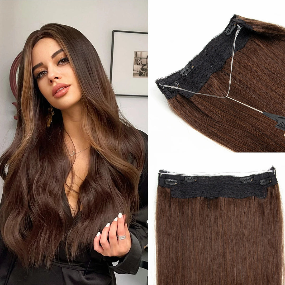 Invisible Wire Line Clip-in Human Hair Extensions - One Piece Straight Blonde Natural Hair Extensions in lengths 12" to 24" with Fish Line and 4 Clips.