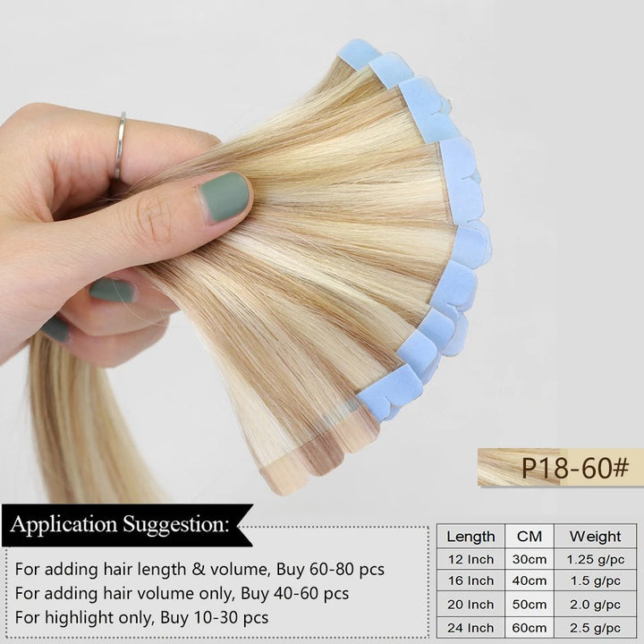 Mini Tape-In Hair Extensions – 100% Human Hair Skin Weft | Machine-Remy | 10pcs Pack for Side or Highlighted Volume