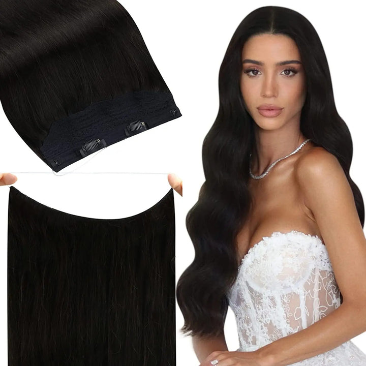 Fishing Wire Hair Extensions – Real Human Hair, Thick Secret Wire Hairpiece for Women | Invisible One-Piece Clip-In