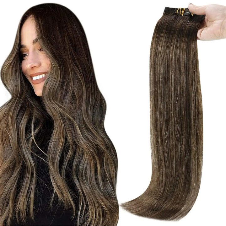 Woman with long wavy hair next to a hair extension on a white background