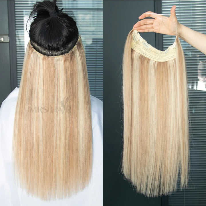 Invisible Wire Line Clip-in Human Hair Extensions - One Piece Straight Blonde Natural Hair Extensions in lengths 12" to 24" with Fish Line and 4 Clips.