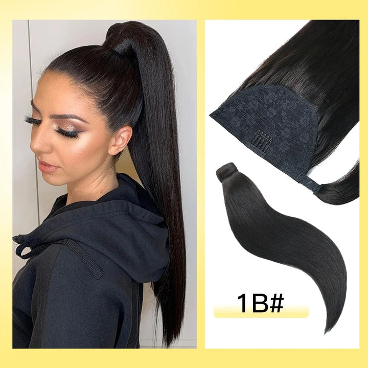 100% Remy Human Hair Highlight Wrap Around Ponytail – Brazilian Straight MagicTie Extension