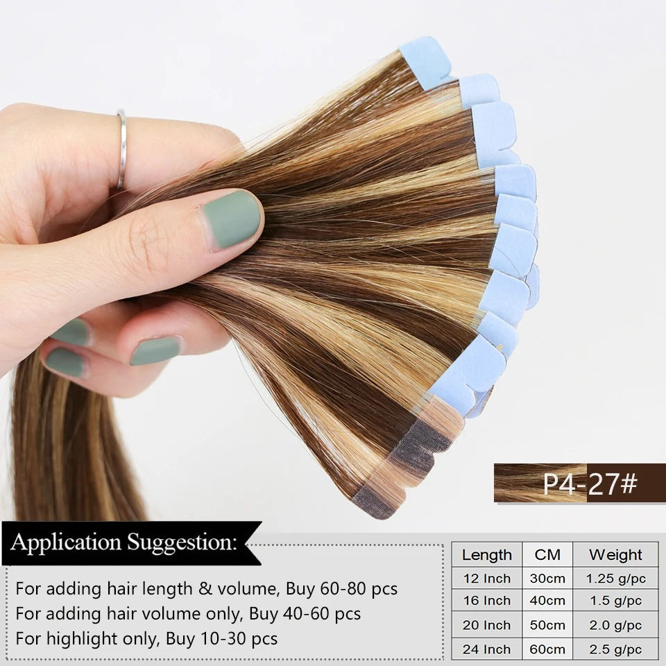 Mini Tape-In Hair Extensions – 100% Human Hair Skin Weft | Machine-Remy | 10pcs Pack for Side or Highlighted Volume