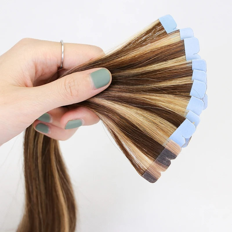 Mini Tape Hair Extensions – Natural Straight Human Hair | Soft, Lightweight | Non-Remy | 10 Pieces per Pack | Ideal for Highlights & Volume