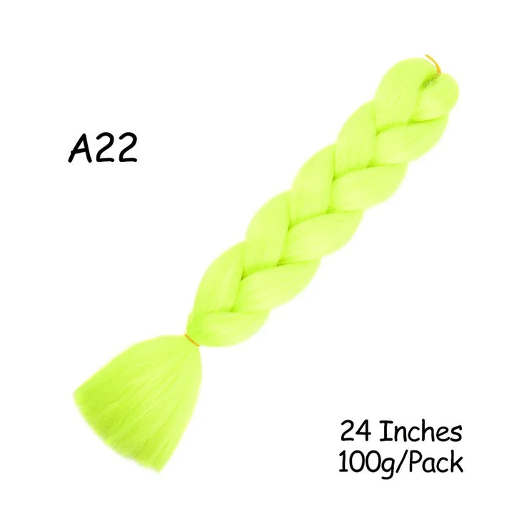 Neon green braided hair extension labeled 'A22' with size and weight information on a white background.