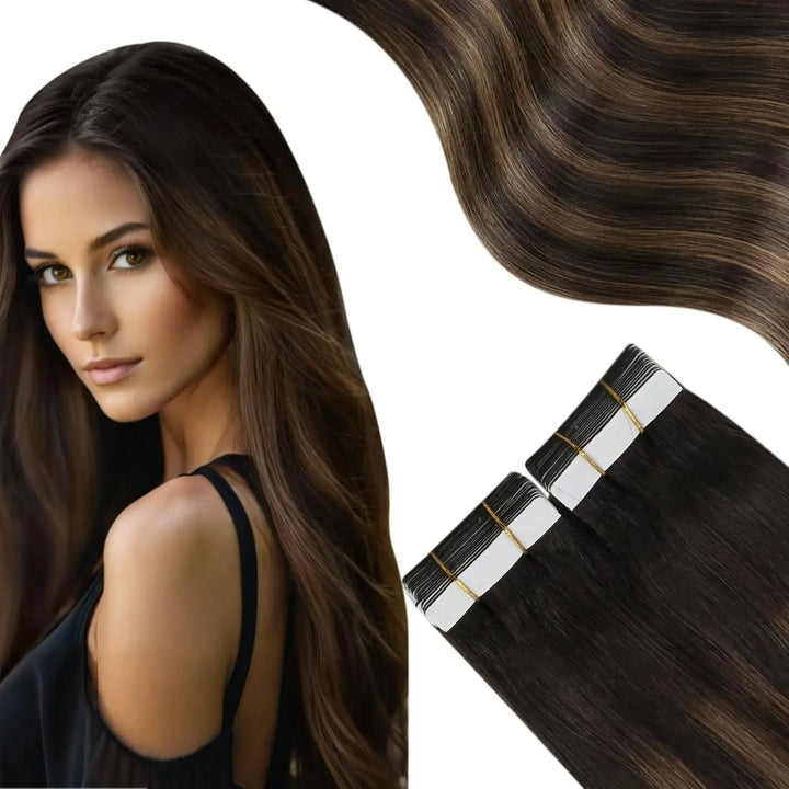 Tape-In Hair Extensions – Natural Black, Straight, 100% Real Remy Human Hair, Seamless Adhesive Tape Extensions