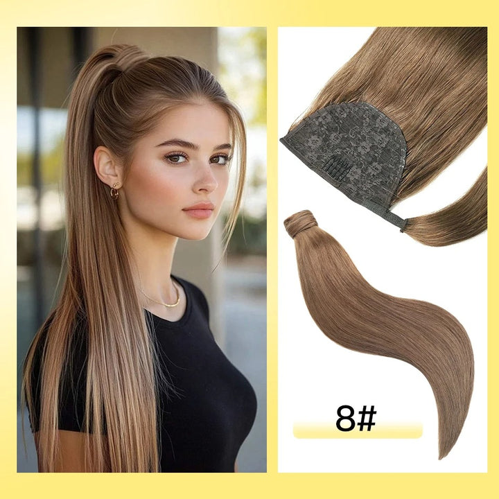 100% Remy Human Hair Highlight Wrap Around Ponytail – Brazilian Straight MagicTie Extension