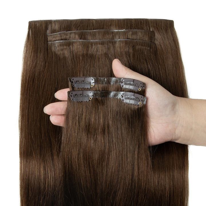 Invisible Seamless PU Clip-In Human Hair Extensions – Thick PU Weft 7PCS Set | 100g-120g, 12"–24" | Raw Human Hair Clip-On