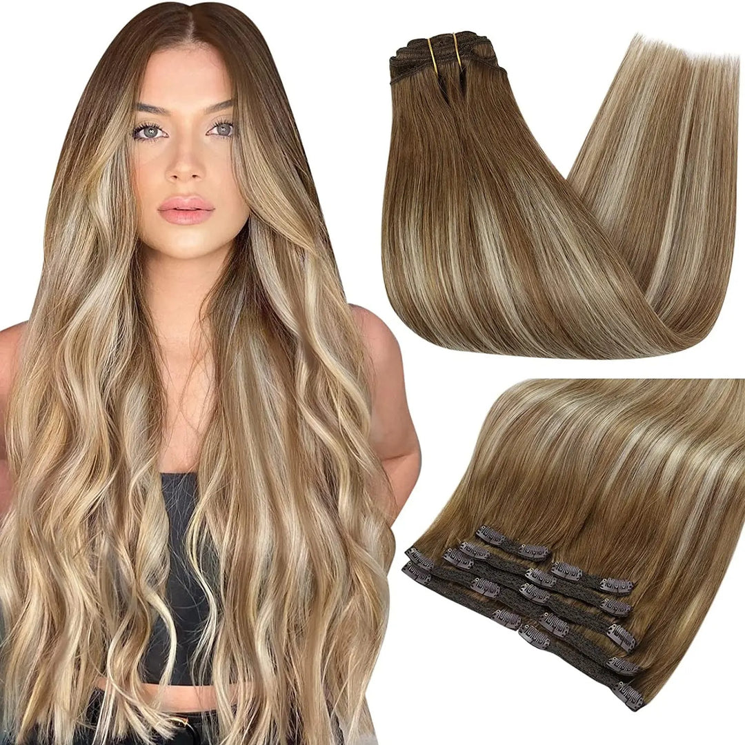 100% Human Hair Clip-In Extensions – Double Weft, 7PCS Set, 105g, for Women