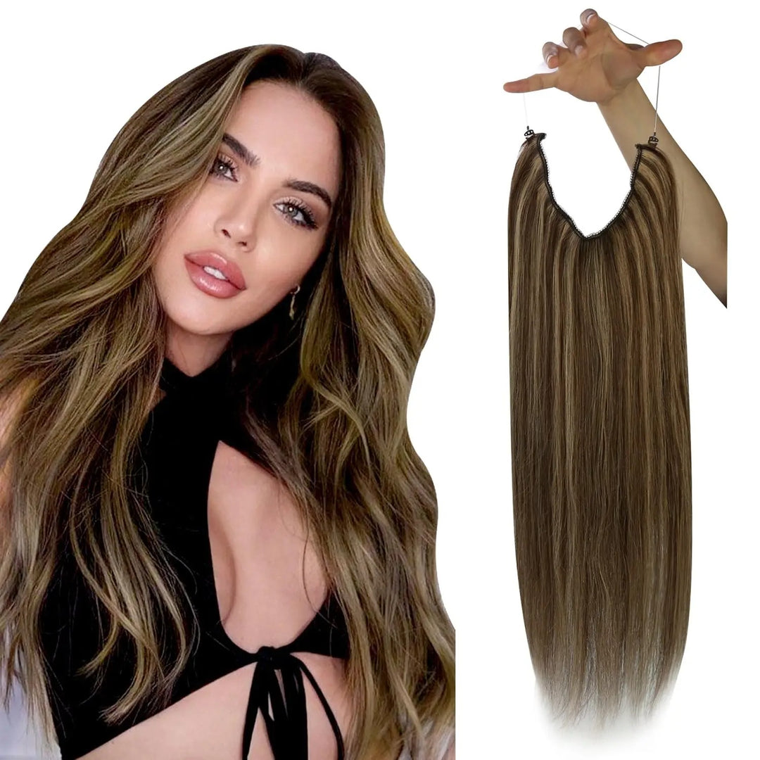 Invisible Fish Line Human Hair Extension – Natural One-Piece Wire Hair Weft with 2 Clips | Machine-Made Blonde Hair