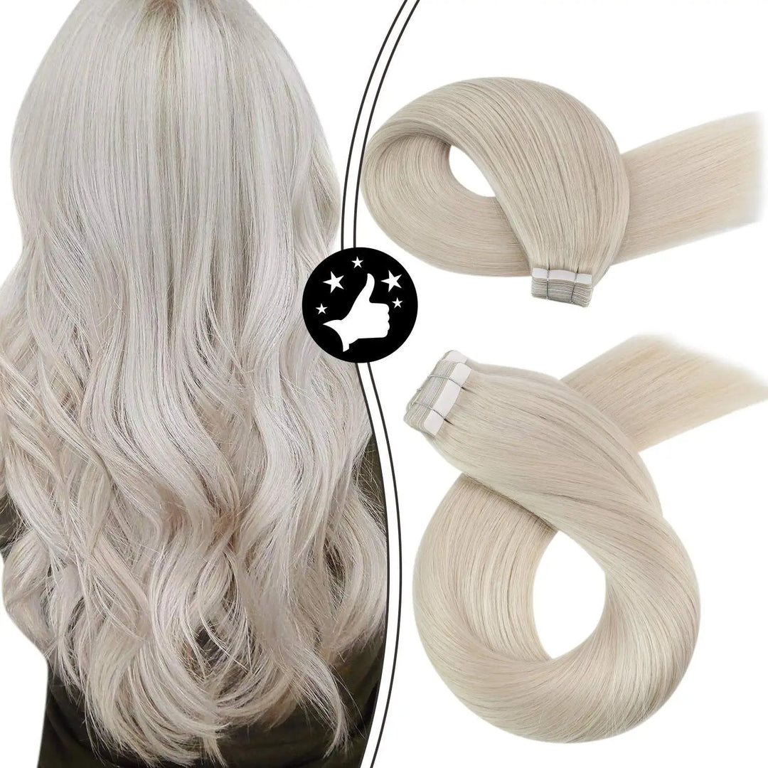 Tape-In Human Hair Extensions – Remy 100% Real Human Hair, Silky Straight, Ash Blonde with Highlights – Seamless, Natural Look, 20pcs