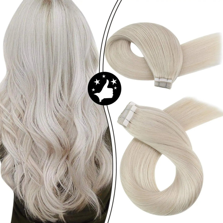 Tape-In Human Hair Extensions – Remy 100% Real Human Hair, Silky Straight, Ash Blonde with Highlights – Seamless, Natural Look, 20pcs