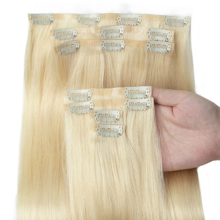 Invisible Seamless PU Clip-In Human Hair Extensions – Thick PU Weft 7PCS Set | 100g-120g, 12"–24" | Raw Human Hair Clip-On