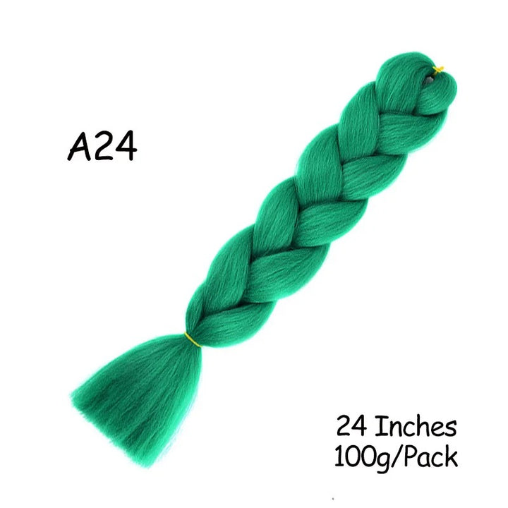 Green braided hair extension labeled A24 with size and weight information on a white background