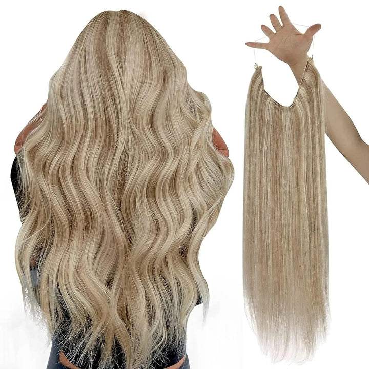 Invisible Fish Line Human Hair Extension – Natural One-Piece Wire Hair Weft with 2 Clips | Machine-Made Blonde Hair