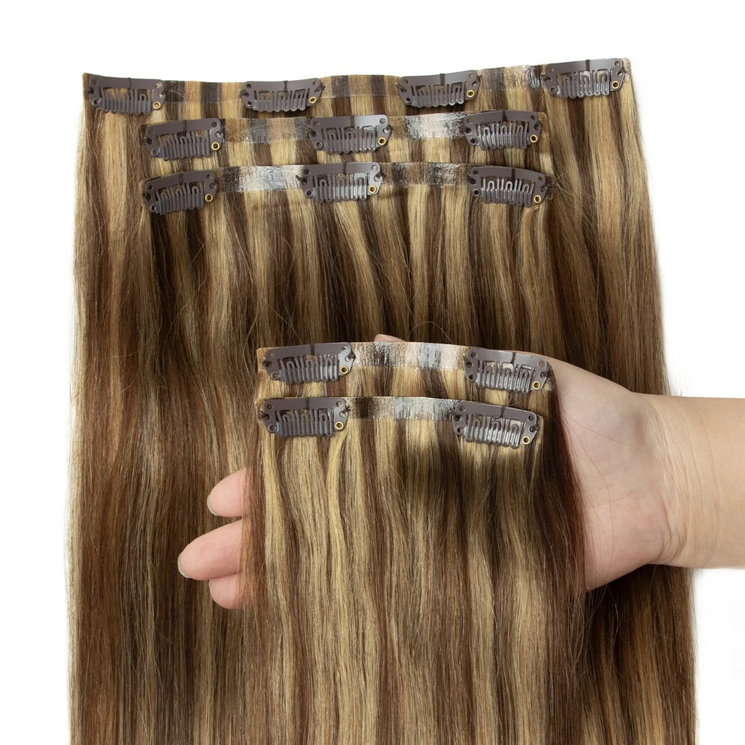 Invisible Seamless PU Clip-In Human Hair Extensions – Thick PU Weft 7PCS Set | 100g-120g, 12"–24" | Raw Human Hair Clip-On