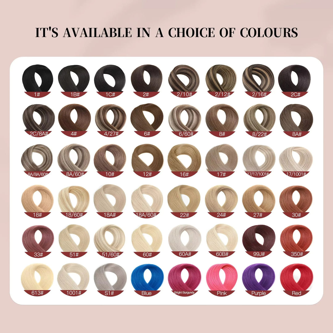 Color chart for hair extensions with various color options on a beige background