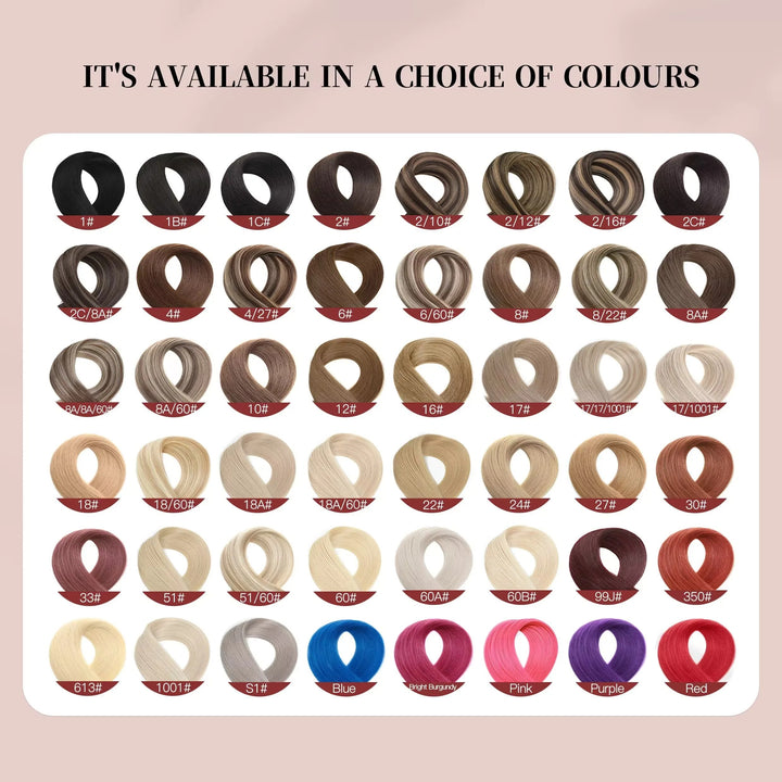 Color chart for hair extensions with various color options on a beige background