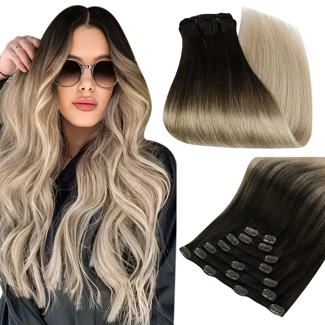 100% Human Hair Clip-In Extensions – Double Weft, 7PCS Set, 105g, for Women