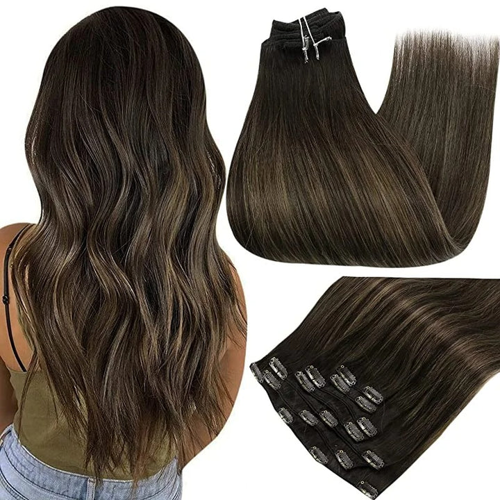 100% Human Hair Clip-In Extensions – Double Weft, 7PCS Set, 105g, for Women