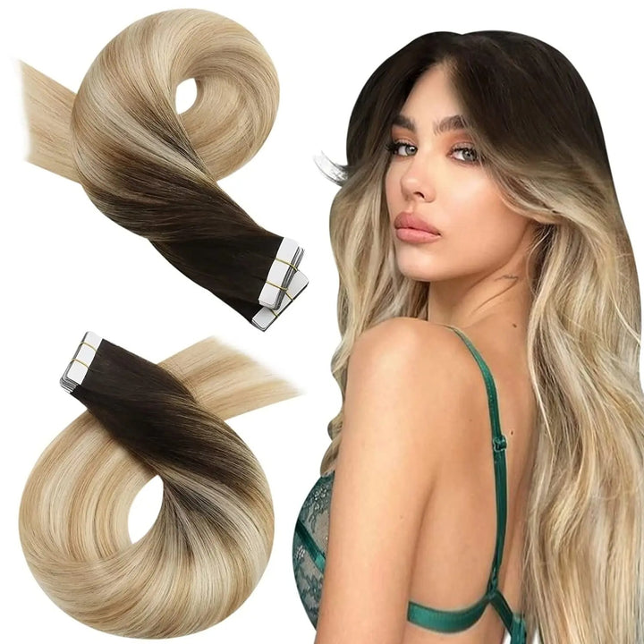 Tape-In Human Hair Extensions – Remy 100% Real Human Hair, Silky Straight, Ash Blonde with Highlights – Seamless, Natural Look, 20pcs