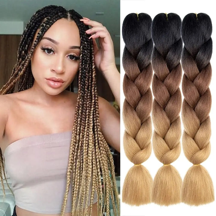 African Ombre Braiding Hair Extensions – Pre-Stretched Synthetic Crochet Hair (3 Packs)