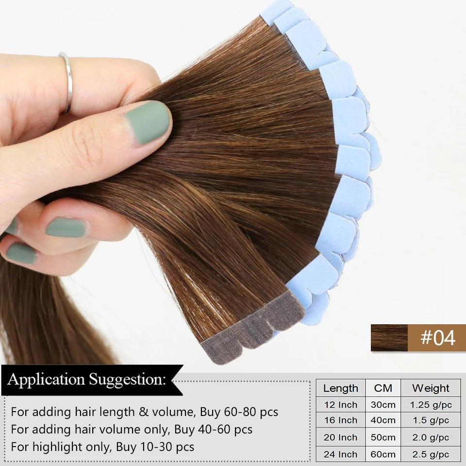 Mini Tape-In Hair Extensions – 100% Human Hair Skin Weft | Machine-Remy | 10pcs Pack for Side or Highlighted Volume