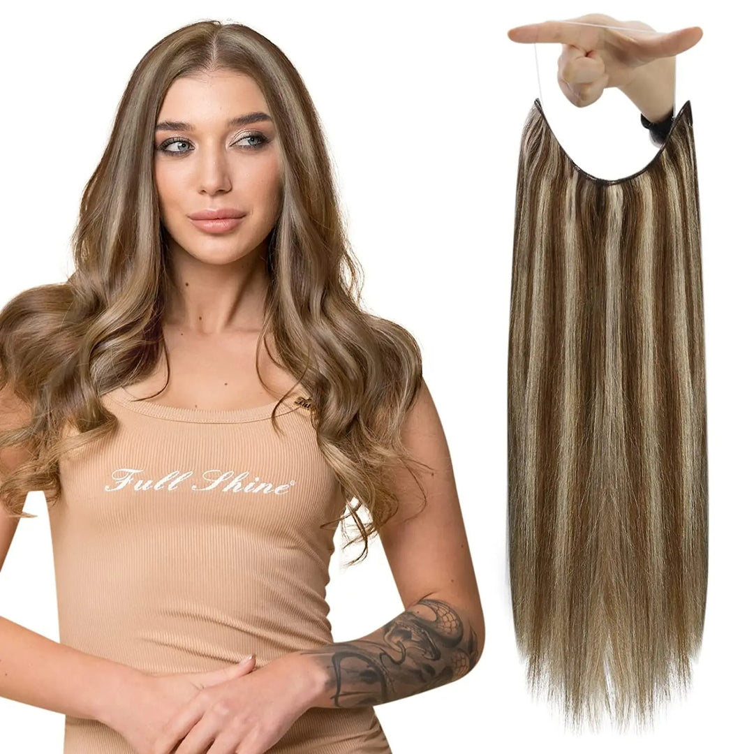 Fishing Wire Hair Extensions – Real Human Hair, Thick Secret Wire Hairpiece for Women | Invisible One-Piece Clip-In