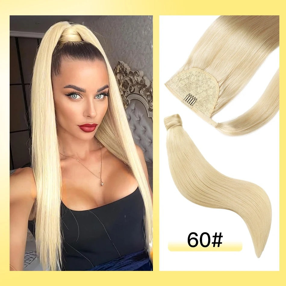 100% Remy Human Hair Highlight Wrap Around Ponytail – Brazilian Straight MagicTie Extension