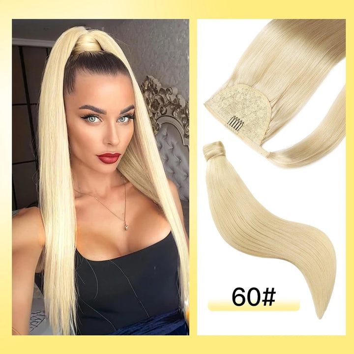 100% Remy Human Hair Highlight Wrap Around Ponytail – Brazilian Straight MagicTie Extension