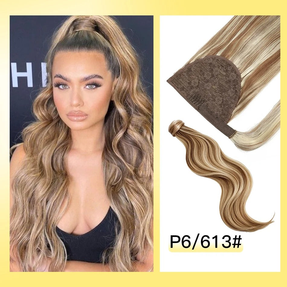 100% Remy Human Hair Highlight Wrap Around Ponytail – Brazilian Straight MagicTie Extension