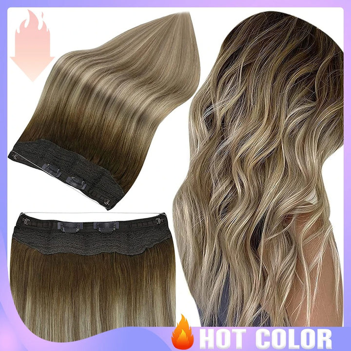 Invisible Fish Line Hair Extensions – One Piece Remy Human Hair with Clips | Blonde, Black, Gray