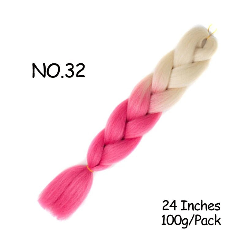 Braided hair extension with pink and beige colors, labeled 'NO.32' and '24 Inches 100g/Pack'.