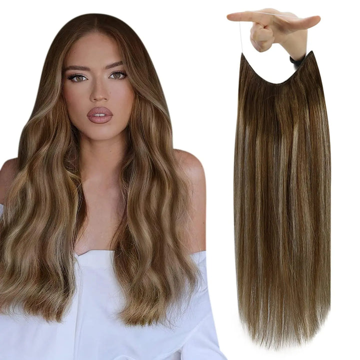 Fishing Wire Hair Extensions – Real Human Hair, Thick Secret Wire Hairpiece for Women | Invisible One-Piece Clip-In