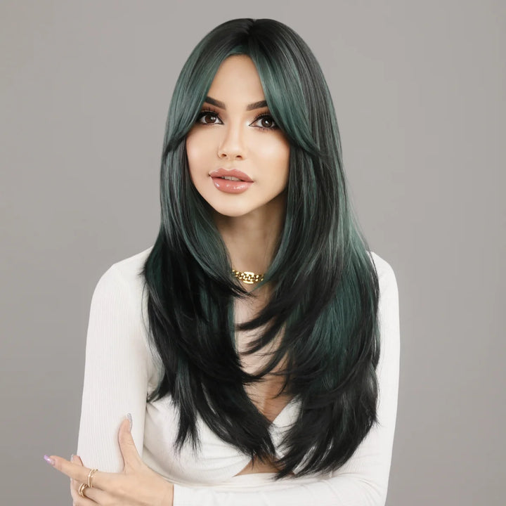 Green Highlight Layered Wig with Curtain Bangs, Synthetic Heat Resistant Hair Wig for Women.