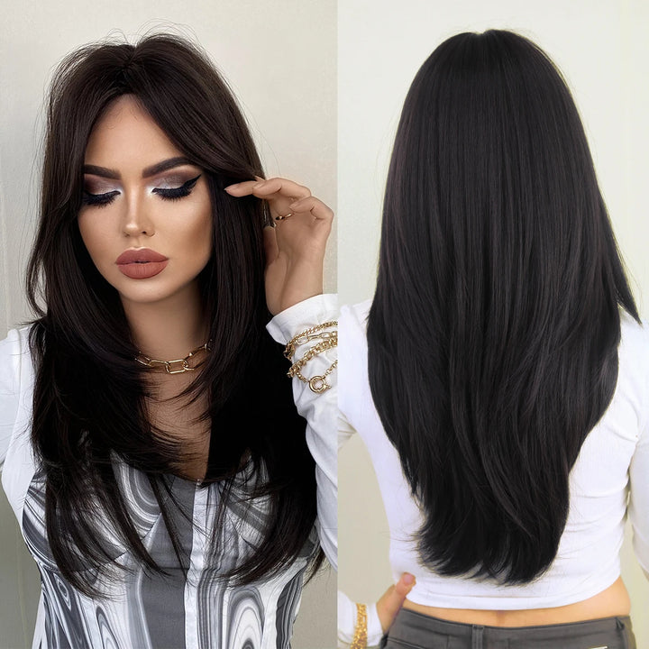 Long black wig with bangs for women. Made of heat-resistant synthetic hair. Perfect for daily wear.