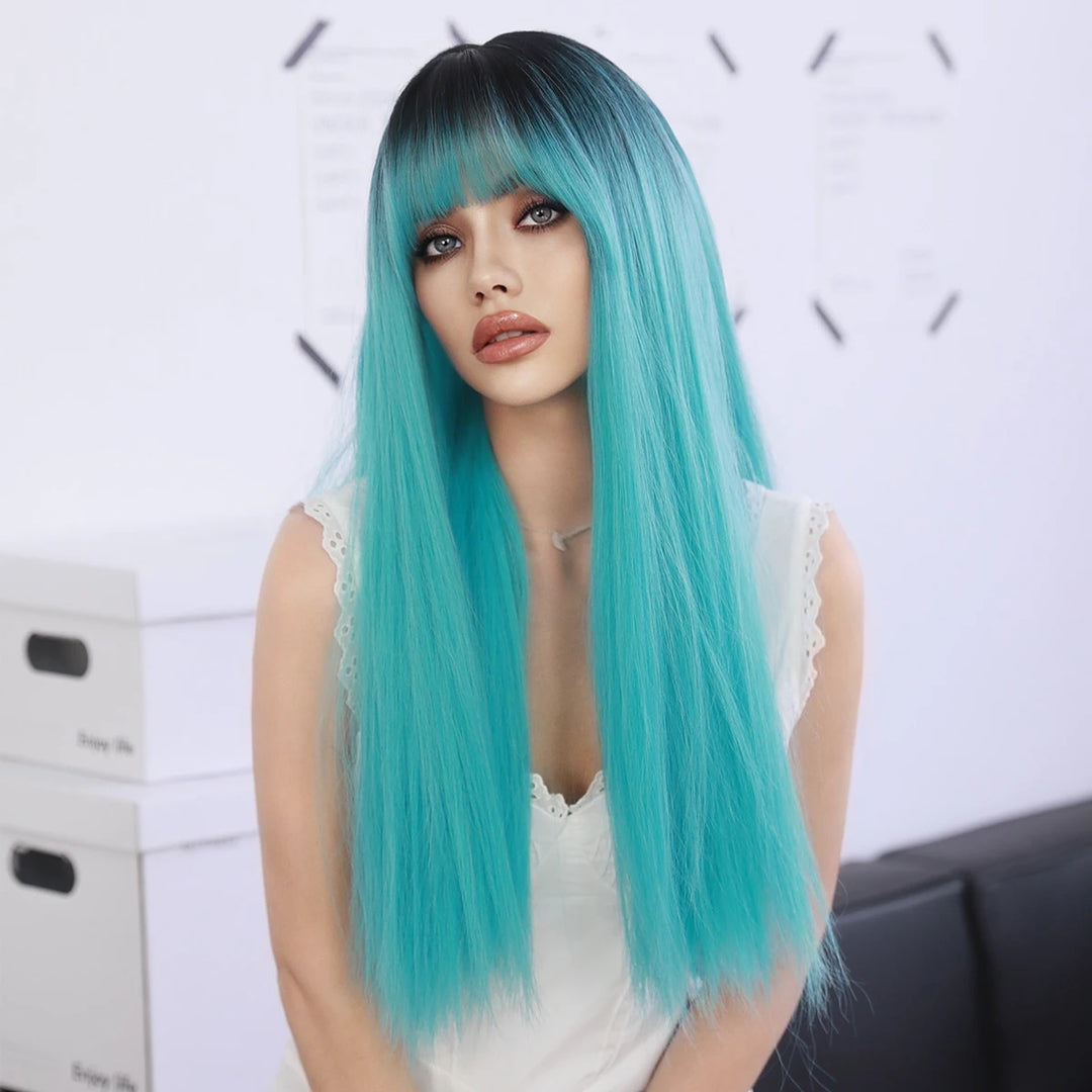 Turquoise Ombre Synthetic Wig with Bangs - Heat Resistant, Bluish Green with Black Roots for a Natural Look.