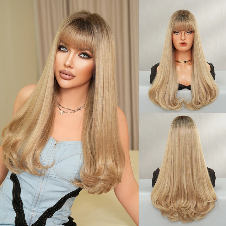 24 Inch Long Curly Ombre Blond Synthetic Hair Wigs with Bangs Blonde Heat Resistant Fiber Natural Matt Wigs Peluca