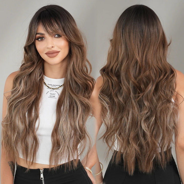 Ombre Brown Long Curly Hair Wig with Bangs for Women - 28 Inches