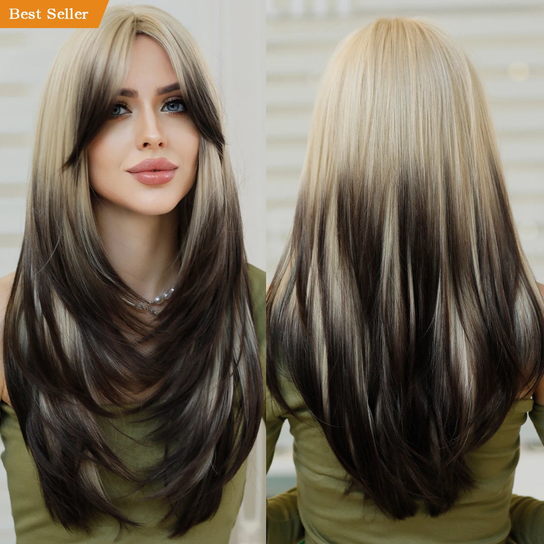 Blonde ombre layered wig with curtain bangs for women. High density heat resistant synthetic hair in dark brown.