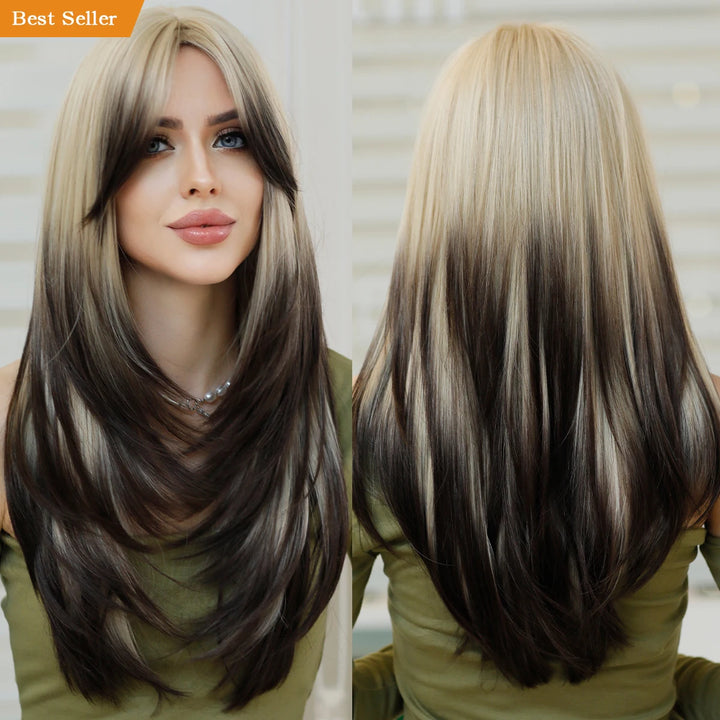 Blonde ombre layered wig with curtain bangs for women. High density heat resistant synthetic hair in dark brown.
