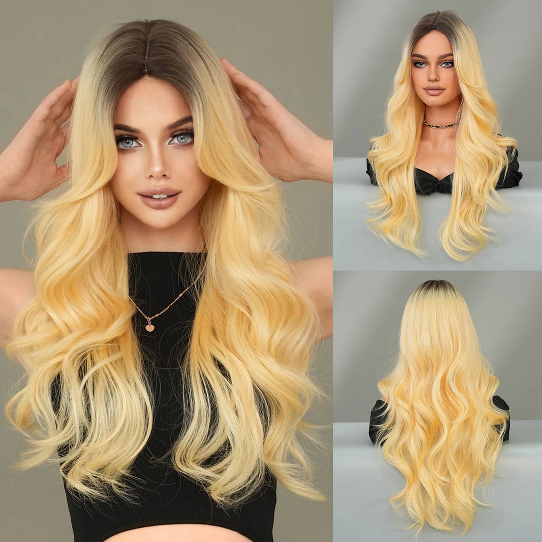 26 Inch Ombre Blond Curly Hair Wig for Women - Synthetic Matte Finish, Middle Parted.