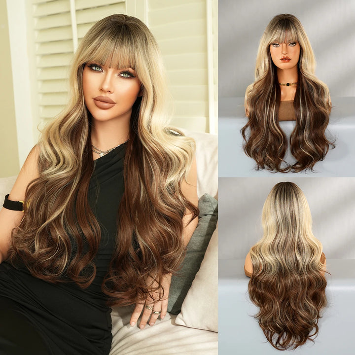 30" Ombre Blonde Curly Synthetic Wig with Bangs for Women. Heat resistant, natural hairline, matte finish. Perfect for cosplay